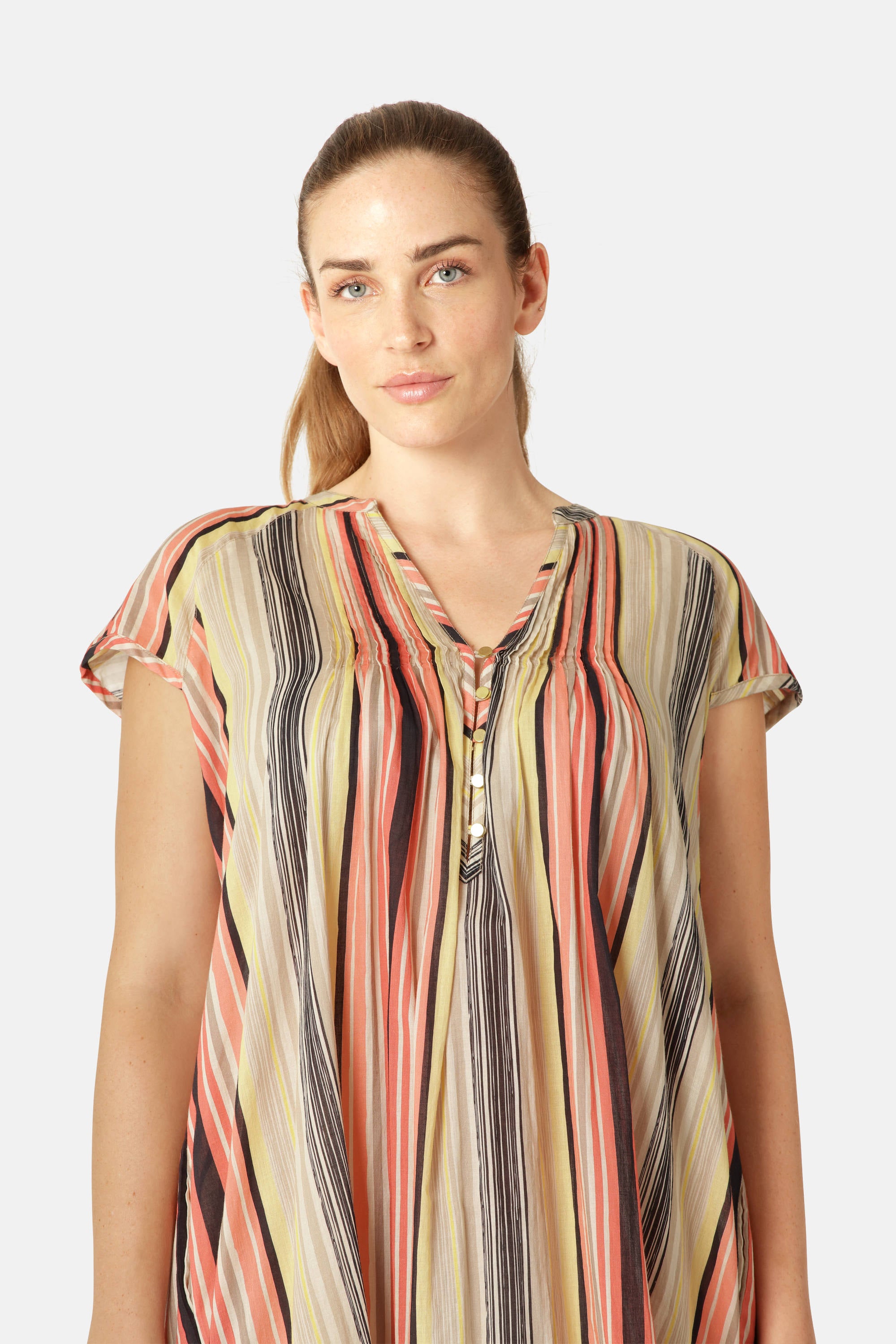 Lang Kjole med Korte Ermer Pintuck - Red Organic Stripe